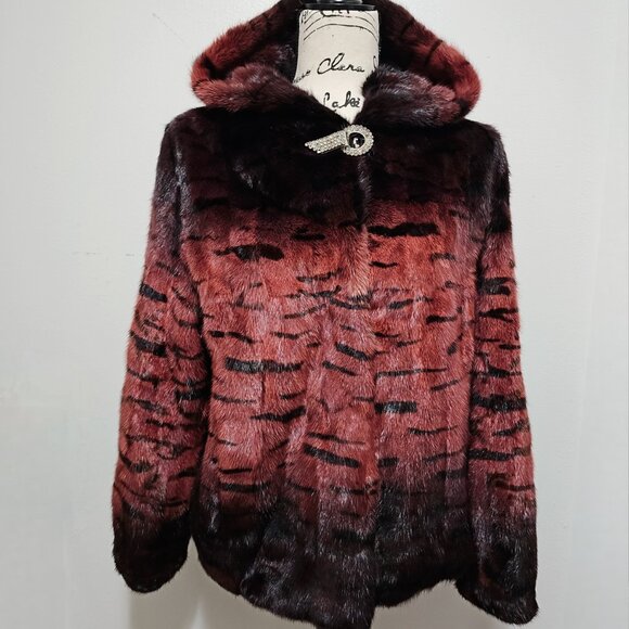 New Real Mink Fur Coat Blazer Jacket Mahogany Plum Copper Brown Wine Red Hooded - Picture 3 of 6